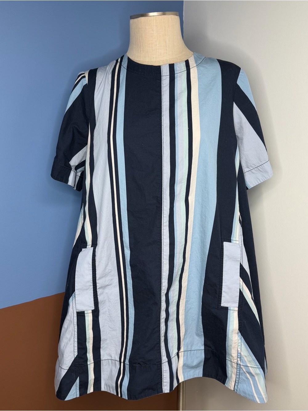 Anthropologie Maeve The Emmy Short Sleeve Swing Mini Dress Blue White Medium - Picture 2 of 8